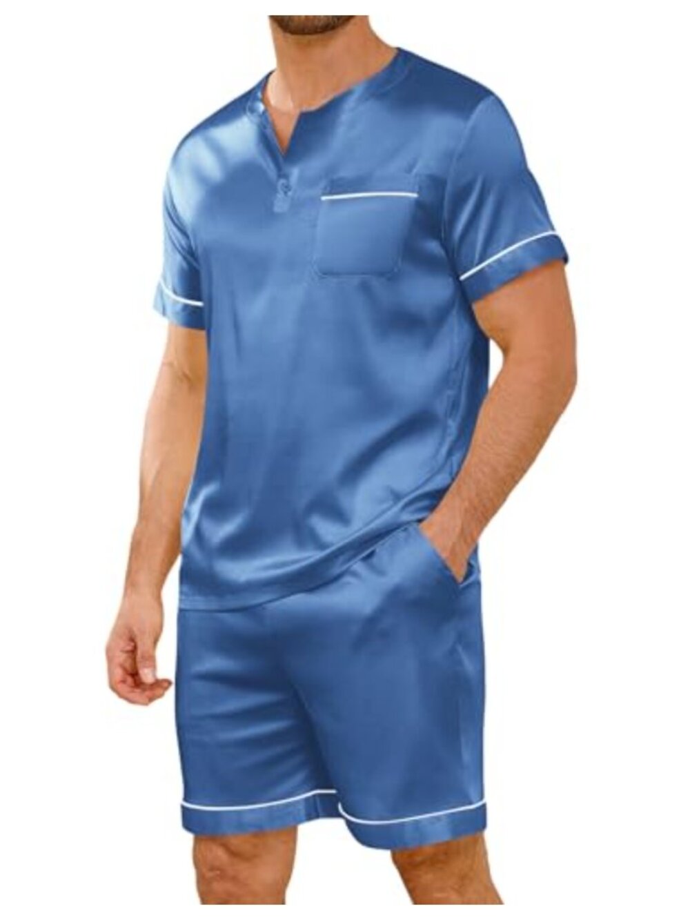 Men's Satin Pajama Set Short Sleeve Button Up Henley Neck Sleepwear